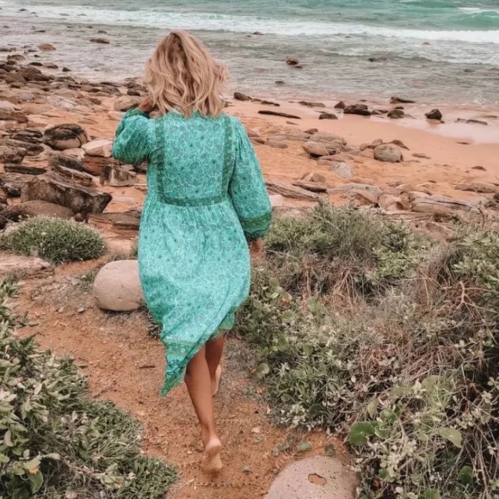 SOLD OUT Aqua Bohemian Floral Camel Long Sleeve Bohemian Gypsy Dress - Picture 5 of 7